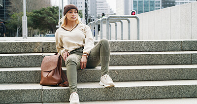 Buy stock photo Thinking, student and steps with woman in city for relax, education and college future. Scholarship, University opportunity and reflection with person on stairs for confidence, campus and vision