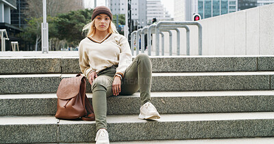Buy stock photo Portrait, student and steps with woman in city for fashion, education and college future. Scholarship, university opportunity and streetwear style with person on stairs for confidence and gen z