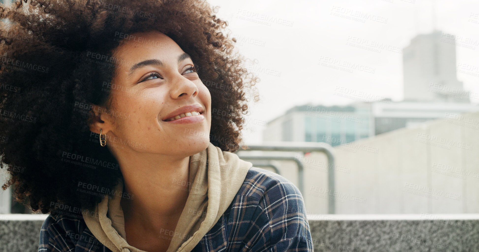 Buy stock photo Happy, student thinking and woman in city for planning future, scholarship decision or solution. African person, smile and vision outdoor at college campus with reflection, idea or education insight