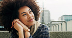 Vision, student thinking and happy woman in city for planning future, scholarship decision or idea. African person, smile and thoughts outdoor at college campus with reflection or education insight