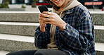 Phone, hands and woman on stairs in city for networking, communication or chatting on mobile app. Technology, texting and female person with cellphone for social media on steps in urban town.