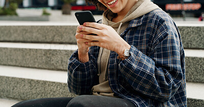 Buy stock photo Phone, hands and woman on stairs in city for networking, communication or chatting on mobile app. Technology, texting and female person with cellphone for social media on steps in urban town.