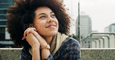 Buy stock photo Smile, student thinking and woman in city for planning future, scholarship decision or solution. Afro, happy person and vision outdoor at college campus with reflection, thoughts or education insight