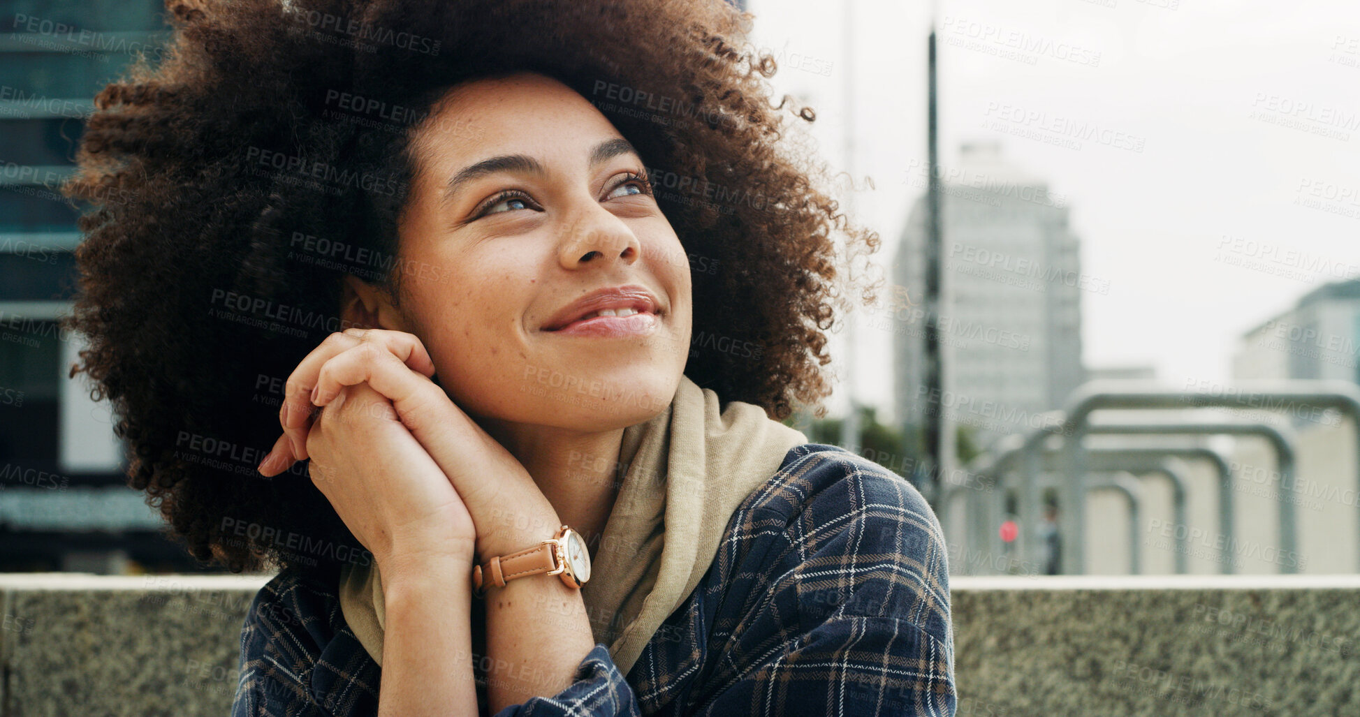 Buy stock photo Smile, student thinking and woman in city for planning future, scholarship decision or solution. Afro, happy person and vision outdoor at college campus with reflection, thoughts or education insight