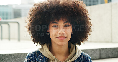 Buy stock photo Portrait, African woman and student in city for morning travel, education goals and urban learning. Confident, female person and afro for commute trip, university scholarship and studying opportunity