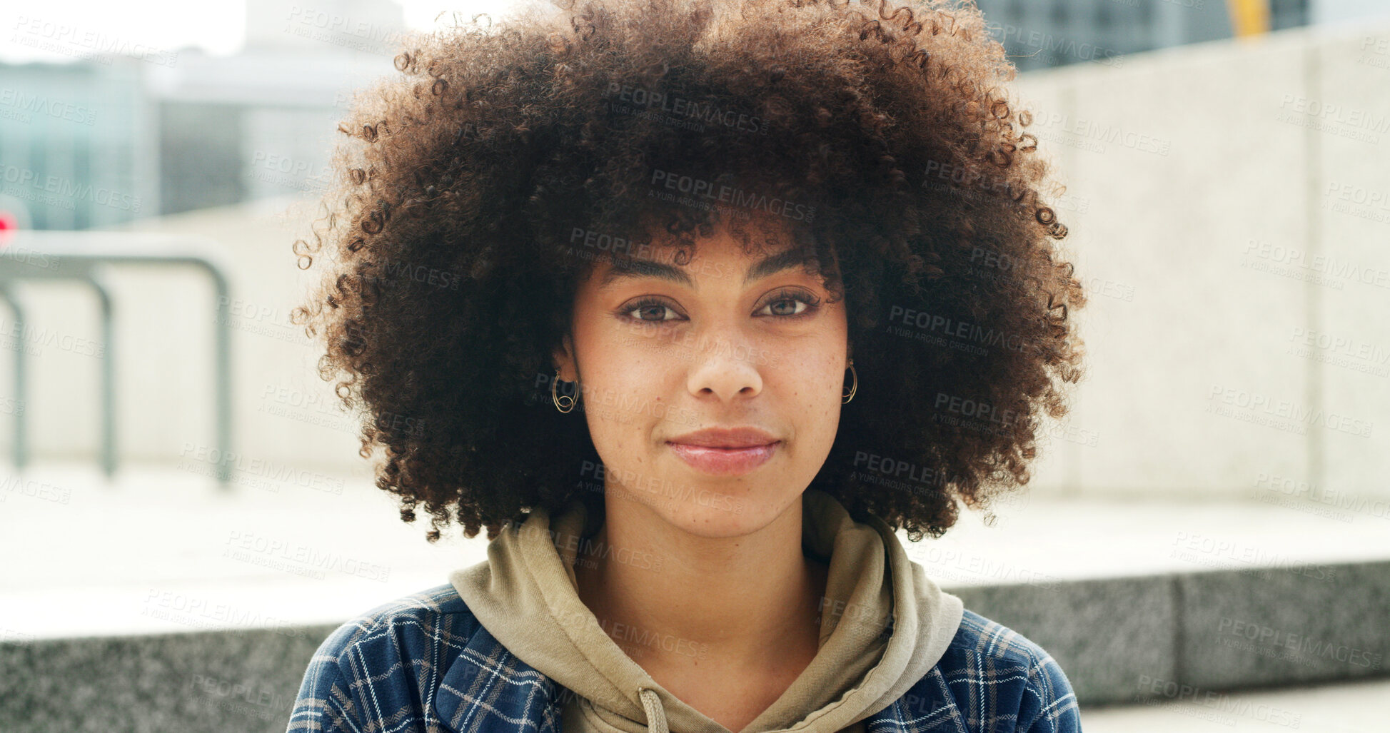 Buy stock photo Portrait, African woman and student in city for morning travel, education goals and urban learning. Confident, female person and afro for commute trip, university scholarship and studying opportunity