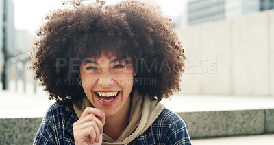 Buy stock photo Student, laughing and happy with portrait of woman in city for college opportunity, smile and confidence. University, education and future with female person outdoor for scholarship, funny and joke