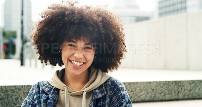 Buy stock photo Portrait, happy girl and university student in city for learning, education or scholarship. Smile, learner and African woman at college campus outdoor with confidence, development or opportunity