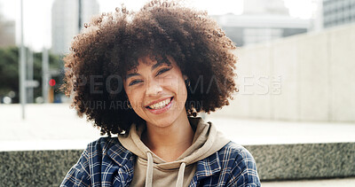 Buy stock photo Portrait, happy girl and college student in city for learning, education or scholarship. Smile, learner and African woman at university campus outdoor with confidence, development and gen z in town