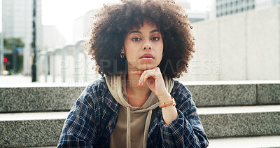 Buy stock photo Student, fashion and portrait of woman in city for college, opportunity, relax and confidence. University, education and future with person on steps outdoor for streetwear style, gen z and campus