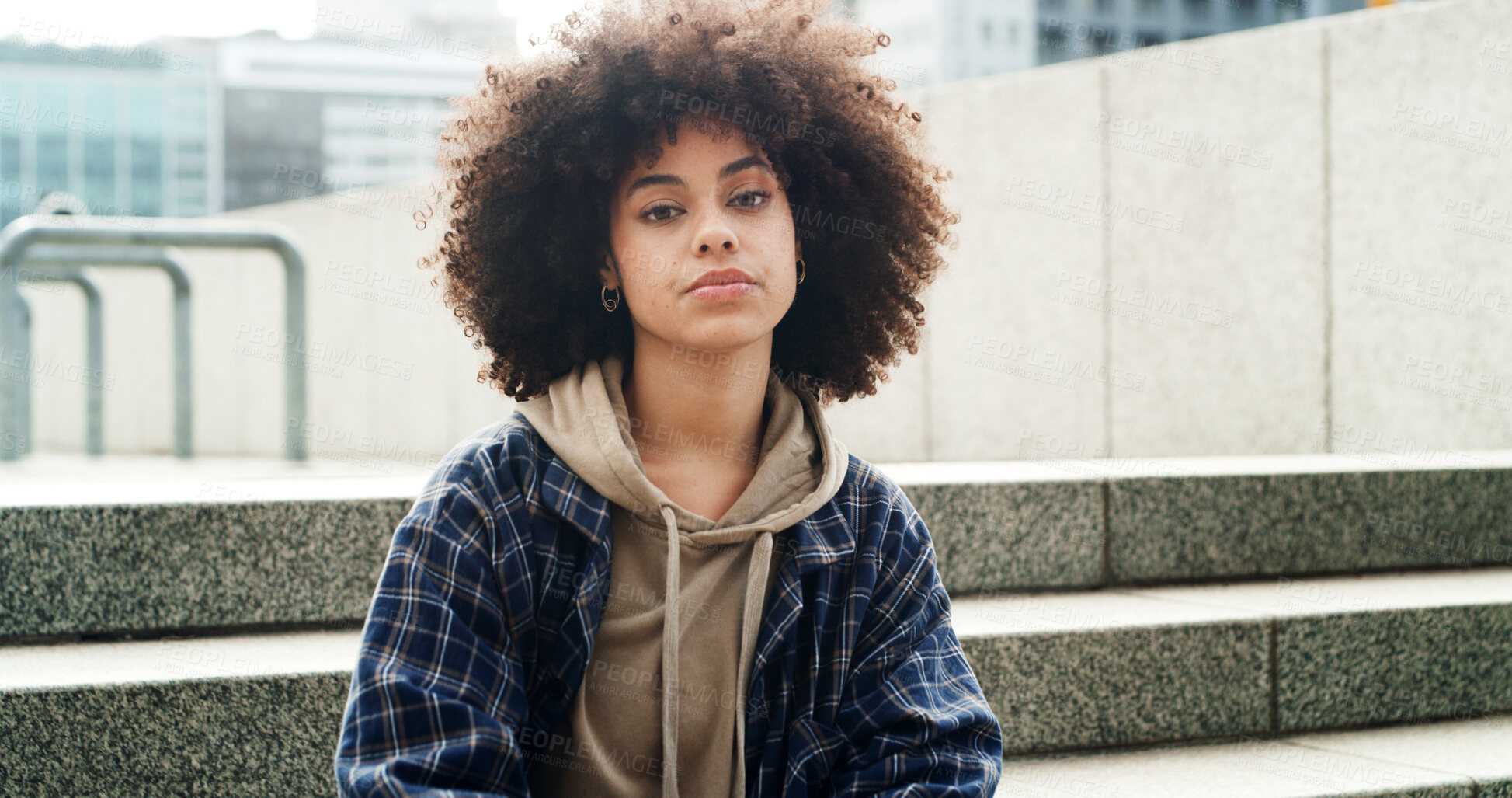 Buy stock photo Student, relax and portrait of woman in city for college, opportunity, fashion and confidence. University, education and future with person on steps outdoor for streetwear style, gen z and campus