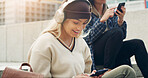 Stairs, headphones and woman with smartphone, browsing and listen to music, online and social media. Happy, person and streaming playlist on website, communication and chat with contact in city