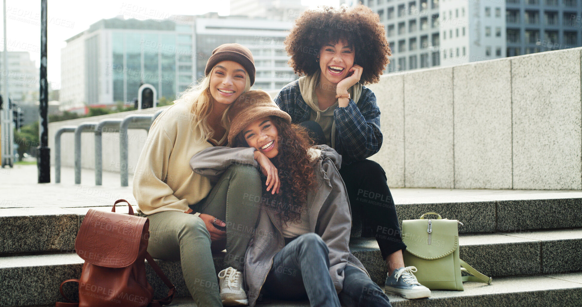 Buy stock photo Portrait, city and girl friends on stairs with fashion for trendy, cool and modern clothes on holiday. Happy, steps and female people with stylish outfit in urban town on vacation or weekend trip