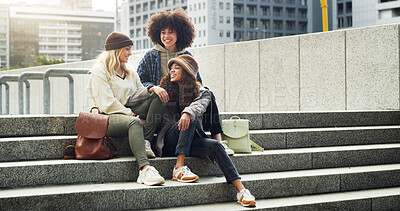 Buy stock photo Conversation, city and girl friends on stairs with fashion for trendy, cool and modern clothes on holiday. Happy, steps and female people with stylish outfit in urban town on vacation or weekend trip