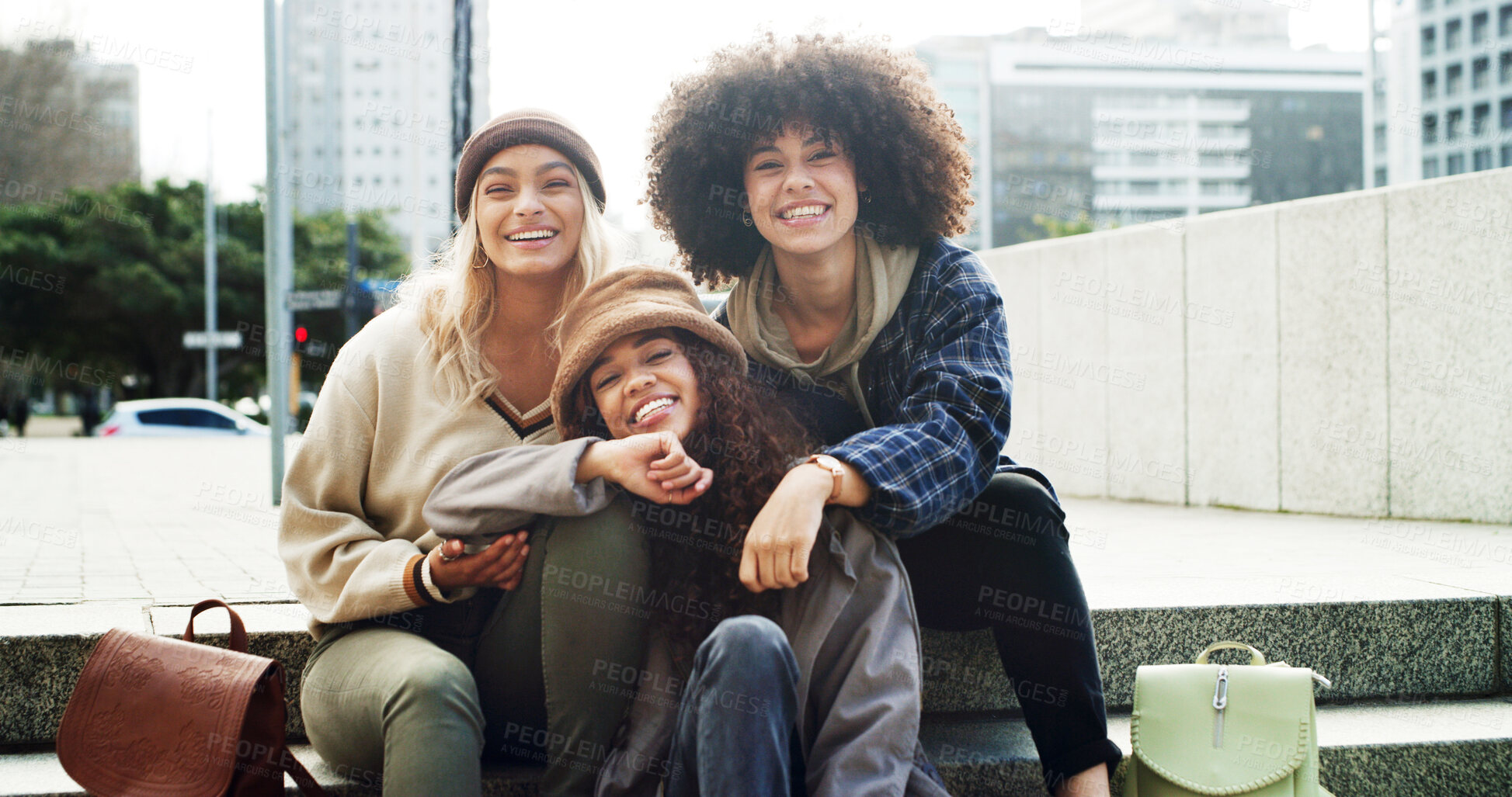 Buy stock photo Portrait, happy and girl friends on stairs with fashion for trendy, cool and modern clothes on holiday. Smile, steps and female people with stylish outfit in urban town on vacation or weekend trip.