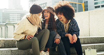 Buy stock photo Conversation, laugh and friends on stairs in city with fashion for trendy, cool and modern clothes on holiday. Happy, steps and female people with stylish outfit in town on vacation or weekend trip.