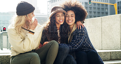 Buy stock photo Women, students and hug in city with laughing, happiness for college acceptance and friendship outdoor. Female people, embrace for bonding or support with university scholarship opportunity in town