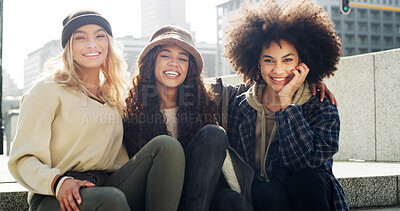 Buy stock photo Women, students and portrait in city with smile, happiness with friendship and outdoor at college campus. Female people, bonding or support with university scholarship opportunity in urban town