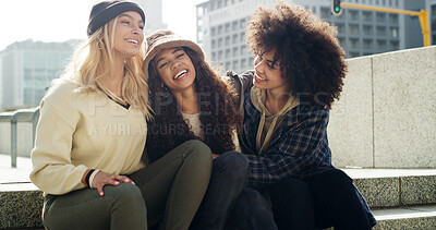 Buy stock photo Women, students and happiness in city with laughing, hug for college acceptance and friendship outdoor. Female people, embrace for bonding or support with university scholarship opportunity in town