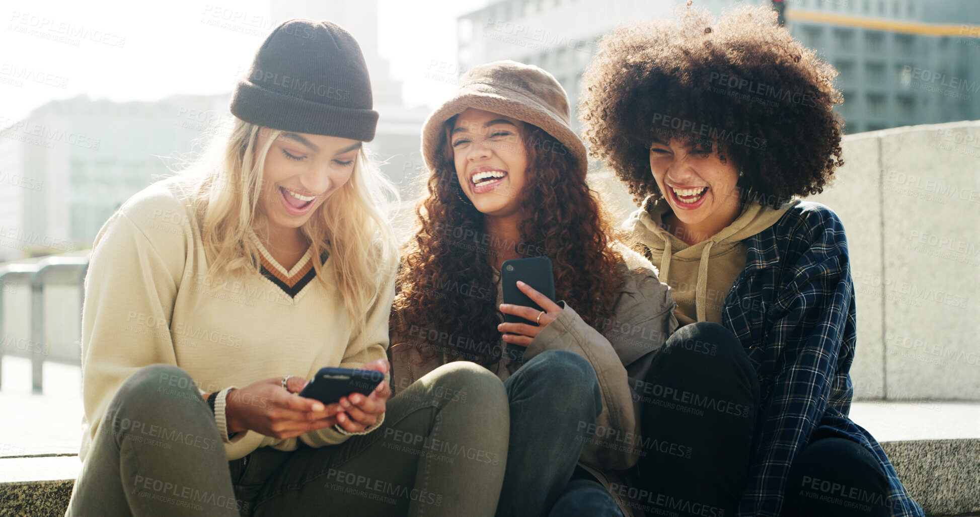 Buy stock photo Happy women, students and phone in city for news on university portal, college acceptance and friends outdoor. Laugh, mobile app or website with support for education scholarship opportunity in town