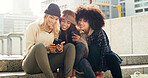 Women, students and phone in city for university portal, happy for college acceptance and friendship outdoor. People, mobile app or website with support for education scholarship opportunity in town