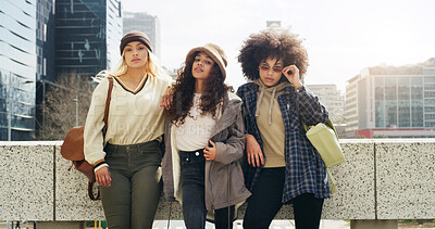 Buy stock photo Portrait, women and friends for fashion in city with streetwear, edgy clothes and trendy style. Confident, people and gen z with support, swag and urban outfit with accessories for bonding together