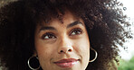 Face, thinking and vision with black woman outdoor in city for ideas or property development. Future, inspiration and planning with happy African real estate agent at location for commercial sale