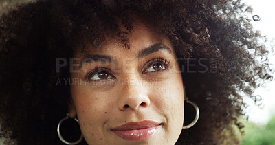 Buy stock photo Face, thinking and vision with woman outdoor in city for future, ideas or opportunity. Happy, inspiration and planning with thoughtful African person wondering in reflection of memories with afro