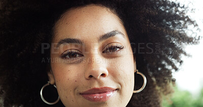 Buy stock photo Happy, calm and portrait of woman outdoor with confidence, relax and beauty in morning. Smile, pride and face of female person from Colombia with natural makeup, cosmetics or facial glow in nature.