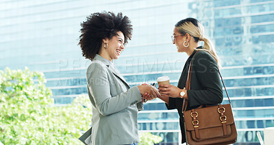 Buy stock photo City, laughing and handshake with business woman outdoor together for property development deal. Coffee, funny and real estate meeting with employee people shaking hands for building sale agreement