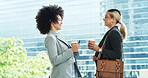 Business, coffee and phone with women in city together for property development meeting on site. Architecture, buildings and smile of client speaking to developer for commercial sale of real estate