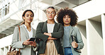 Serious, crossed arms and portrait of business women in city with confidence for finance career. About us, teamwork and group of female financial advisors with pride for corporate job in urban town.