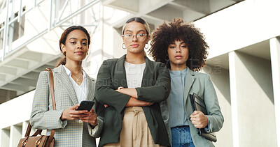 Buy stock photo Serious, crossed arms and portrait of business women in city with confidence for finance career. About us, teamwork and group of female financial advisors with pride for corporate job in urban town.