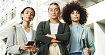 Confident, crossed arms and portrait of business women in city with happiness for finance career. Smile, teamwork and group of female financial advisors with pride for corporate job in urban town.