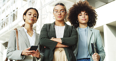 Buy stock photo Confident, crossed arms and portrait of business women in city with happiness for finance career. Smile, teamwork and group of female financial advisors with pride for corporate job in urban town.