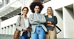City, team and portrait of business women with smile, pride and confidence for publishing company. About us, professional writers and people with crossed arms for career, opportunity and job in town