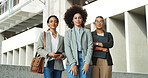 Happy, arms folded and portrait of business women in city with confidence for finance career. Smile, teamwork and group of female financial advisors with pride for corporate job in urban town.