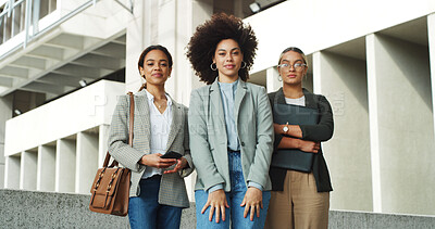 Buy stock photo Happy, arms folded and portrait of business women in city with confidence for finance career. Smile, teamwork and group of female financial advisors with pride for corporate job in urban town.
