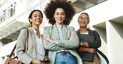 Buy stock photo Business women, group and portrait in city with arms crossed, smile and outdoor for real estate agency. People, team and realtor in town for building inspection, sale or happy for property investment