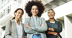 City, below and portrait of business women with crossed arms, pride and confidence for publishing company. About us, professional writers and people smile for career, collaboration and job in town