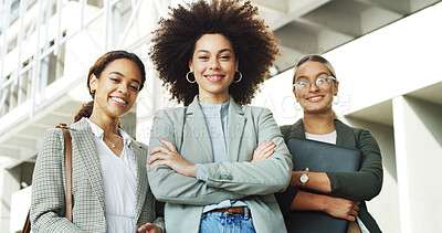 Buy stock photo City, below and portrait of business women with crossed arms, pride and confidence for publishing company. About us, professional writers and people smile for career, collaboration and job in town