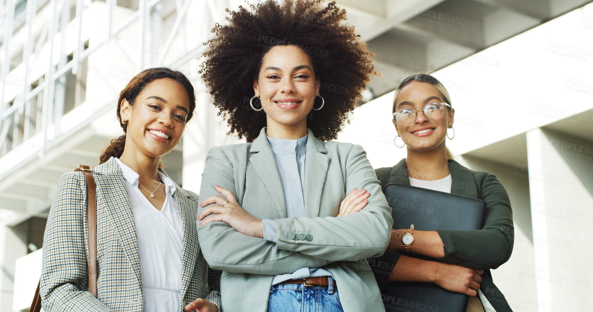 Buy stock photo City, below and portrait of business women with crossed arms, pride and confidence for publishing company. About us, professional writers and people smile for career, collaboration and job in town
