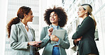 Meeting, teamwork and business women in city for planning, project management and collaboration. Professional, corporate and people with tablet for company proposal, feedback and review in town