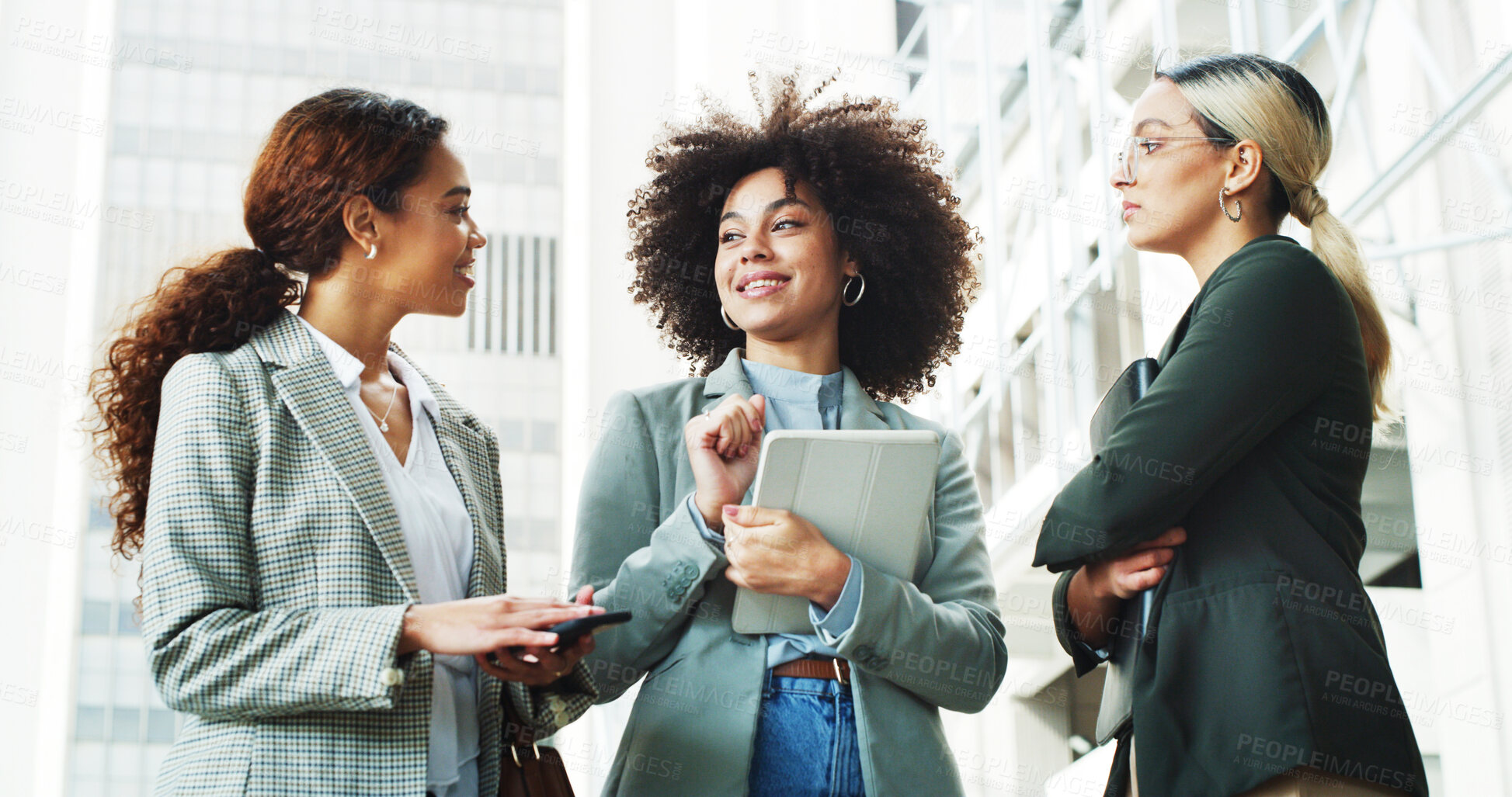 Buy stock photo Meeting, teamwork and business women in city for planning, project management and collaboration. Professional, corporate and people with tablet for company proposal, feedback and review in town
