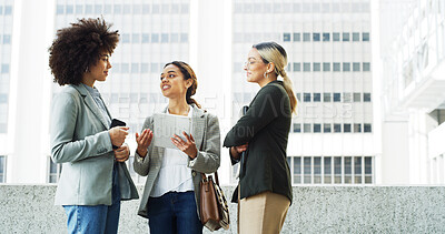 Buy stock photo Discussion, tablet and business women in city with research for finance negotiation in collaboration. Conversation, digital technology and team of female financial advisors with investment planning.