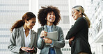 Meeting, happy and business women in city for planning, project management and collaboration. Professional, corporate and people with tablet for company discussion, conversation and talking in town