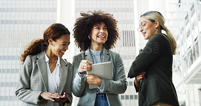 Buy stock photo Meeting, happy and business women in city for funny conversation, teamwork and collaboration. Professional, corporate and people with tablet for discussion, laughing and talking with joke in town