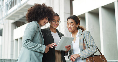 Buy stock photo Meeting, tablet and business women in city with research for finance negotiation in collaboration. Conversation, digital technology and team of female financial advisors with investment planning.