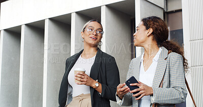 Buy stock photo Travel, employee and women with coffee, talking and commuting to meeting for sales, laugh and smile. Outdoor, colleagues and salesperson with caffeine, collaboration and communication for project