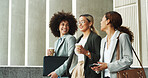 Commuting, employee and women with coffee, talking and travel to meeting for sales, laugh and smile. Outdoor, colleagues and salesperson with caffeine, collaboration and communication for project